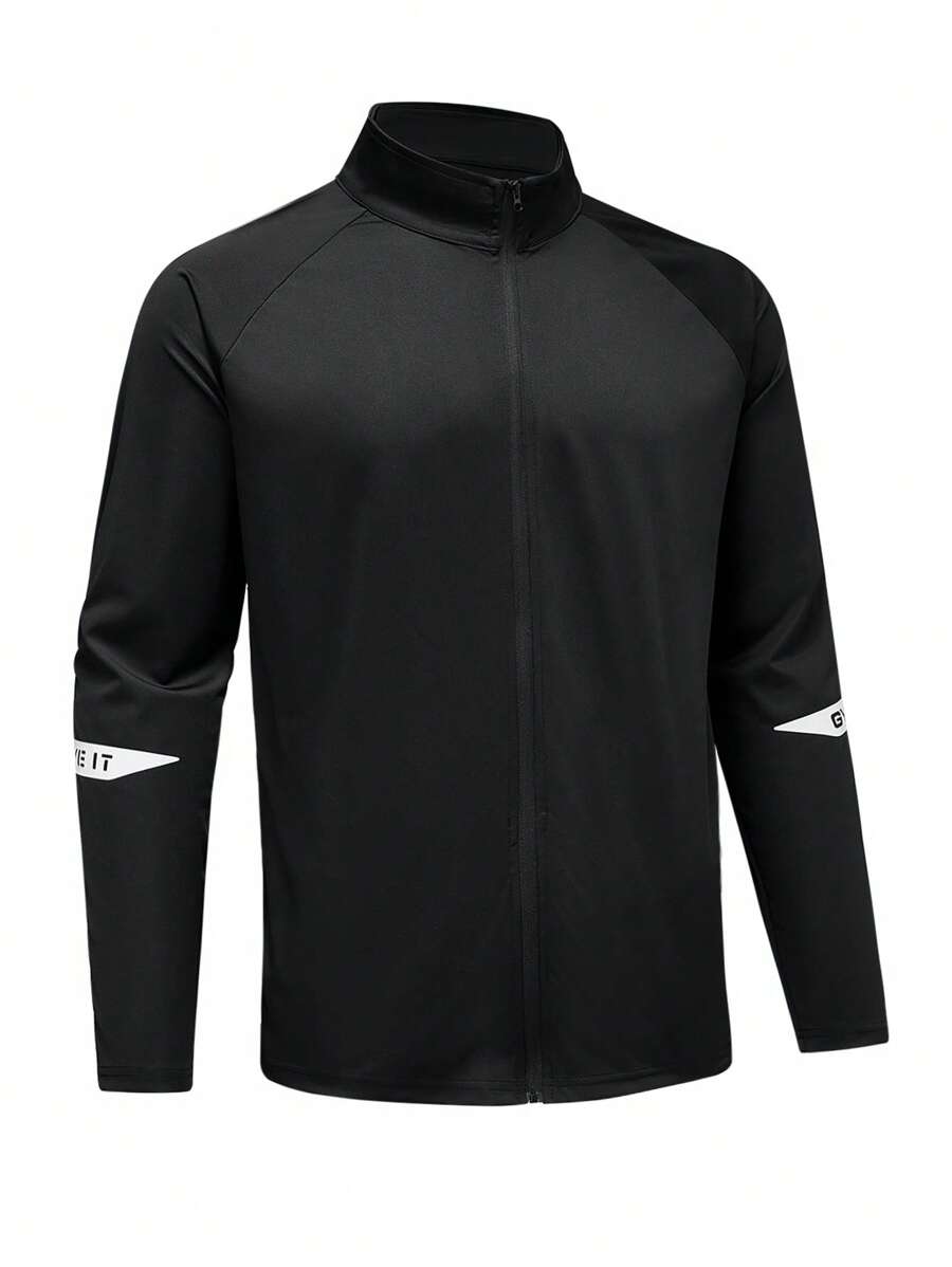 Manfinity Sport Corelite 男式字母印花插肩袖长袖前拉链运动夹克 - 黑色 - 查看 1