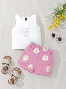SHEIN Playful Pals 女婴两件套：白色上衣，饰有可爱的雏菊图案；宽松舒适的绿色牛仔短裤，配有松紧腰带，简约可爱。 - 白色 - 查看 5