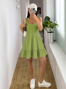 SHEIN Unity Women's Ribbed Patchwork Summer Dress, Fashion For Warm Season - Olive Green - View 7