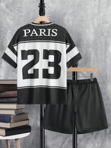 Manfinity EMRG Men's Contrast Color Letter Print Short Sleeve T-Shirt And Drawstring Waist Shorts Set