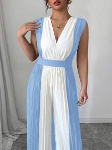 SHEIN PETITE Mono de mujer de talla grande con cuello en V fruncido, cintura con cordón y pantalones anchos, elegante para uso casual, trabajo, viajes y días festivos