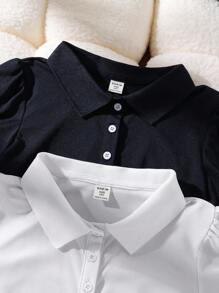 SHEIN T-shirt blu con colletto Judy per ragazza tween, 2 pezzi a tinta unita a maniche corte, moda stile 3D semplice, adatti per uscite primaverili/estive, vacanze, viaggi, uso domestico e sport casual