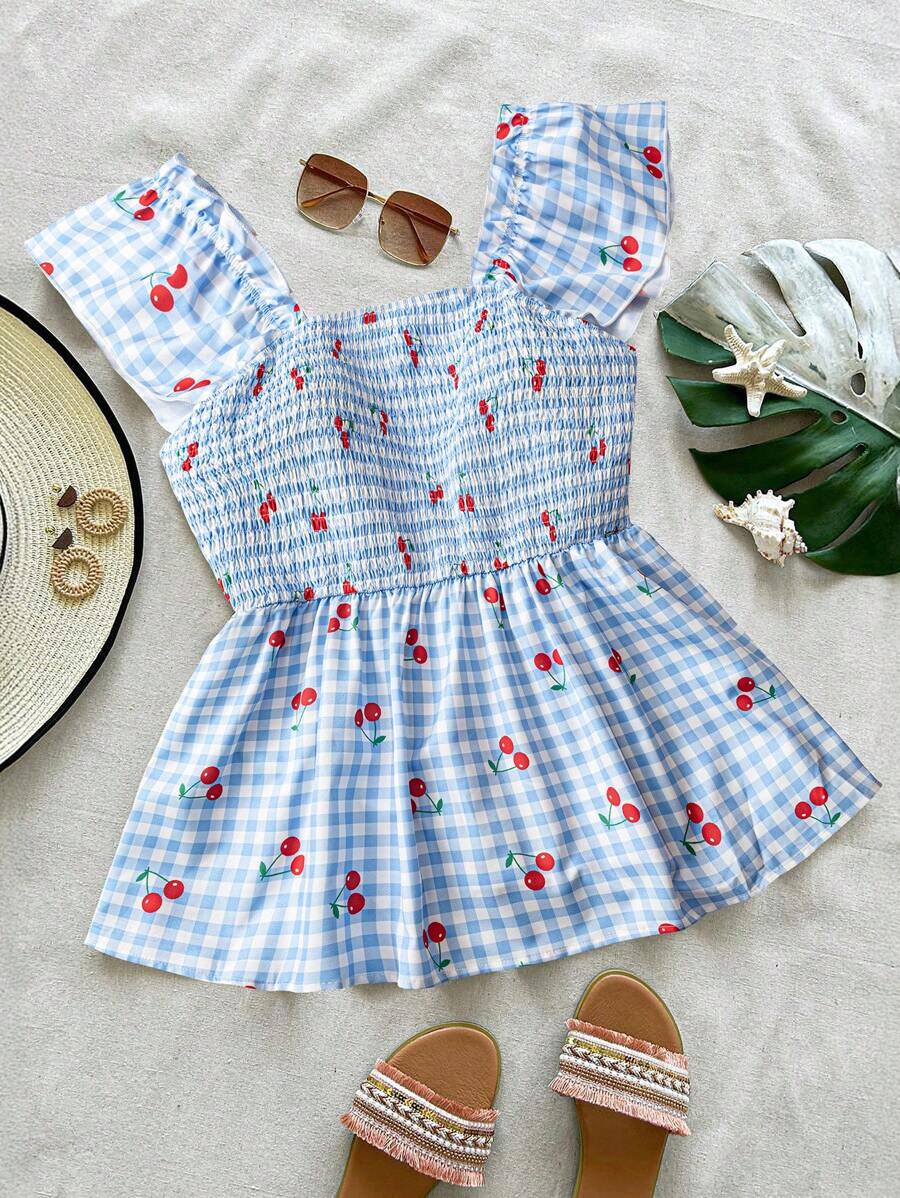 SHEIN VCAY Plus Size Women Casual Plaid Cherry Print Drawstring Loose Shirt, Resort Wear - Multicolor - View 1