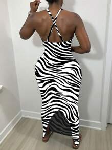 INAWLY Vestido de mujer con tirantes finos, borde acampanado y rayas negras - Multicolor - Ver 2