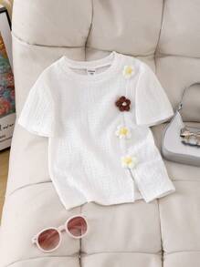 SHEIN Young Girls White Short Sleeve Structural Floral Round Neck T-Shirt - White - View 1