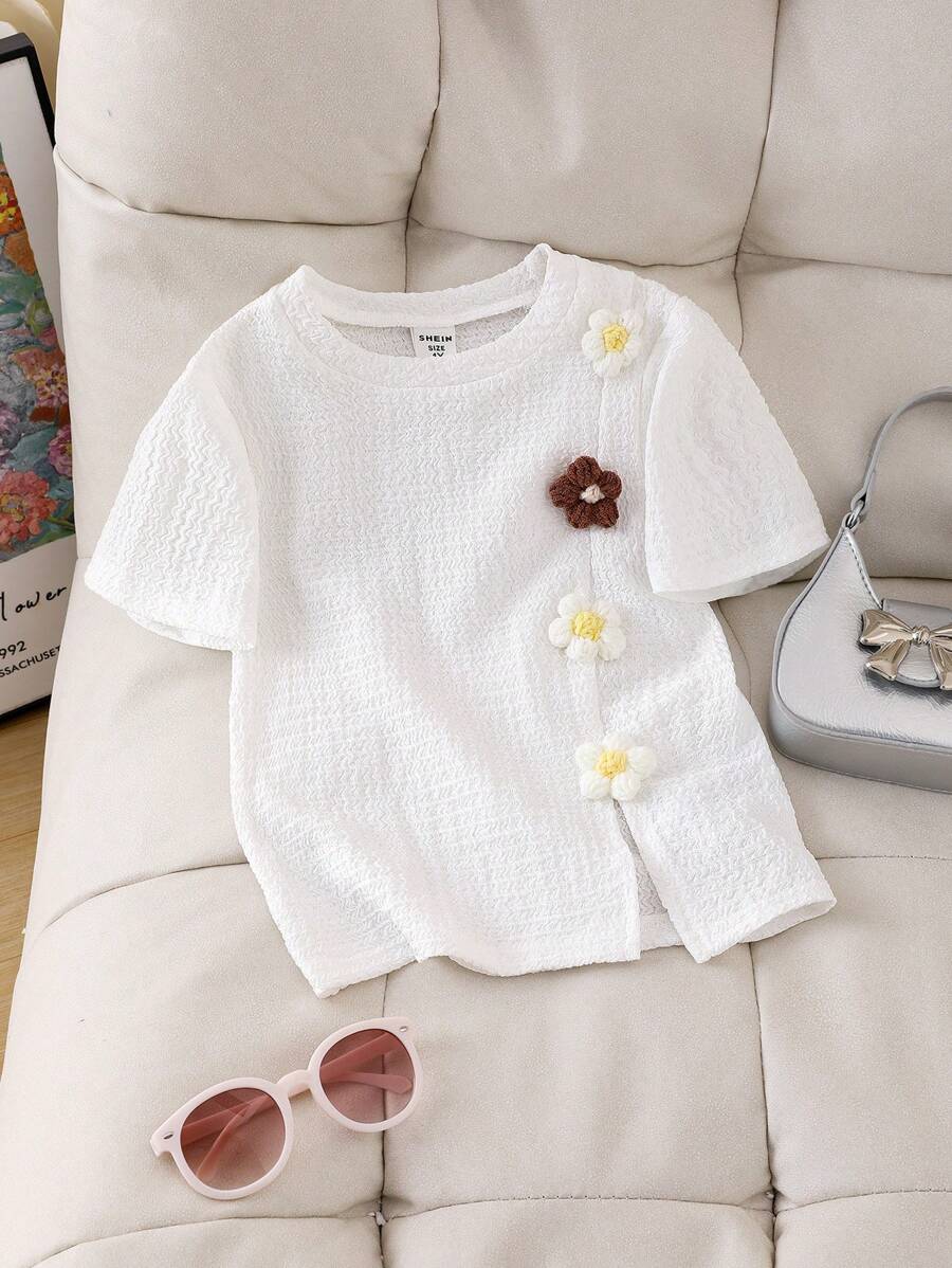 SHEIN Young Girls White Short Sleeve Structural Floral Round Neck T-Shirt - White - View 1