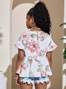 SHEIN Blusa con volantes y manga abullonada con estampado tropical para niña preadolescente