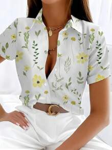 SHEIN LUNE 优雅花卉印花女式短袖衬衫 - 轻盈纽扣衬衫，非常适合春夏休闲穿着 - 彩色 - 查看 1