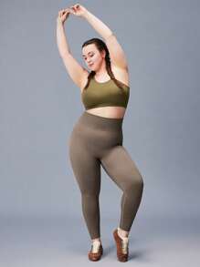 LUVLETTE Plus Women's Seamless Wide Waistband Waist Elegance Yoga Fitness Active Gym Basic Leggings - Brown - View 11