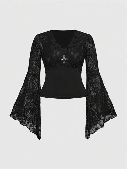 Goth Blusa de manga acampanada con escote en V y encaje en contraste, estilo gótico y sexy, para Halloween, tallas grandes