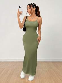 SHEIN PETITE 女式基本款白色细肩带连衣裙 - 綠色 - 查看 7