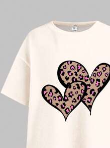 SHEIN 2 Stücke Mädchen Vintage Leoparden Muster Herz Grafik, Weinrot Farbschema, lässig locker sitzende Kurzarm T-Shirt und Shorts Set, geeignet für den Sommer