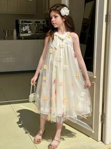 SHEIN Tween Girls' Sleeveless 3D Floral Party Dress, Suitable For Party And Holidays, Summer - Multicolor - View 4