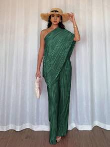 Selianne Bộ áo một vai và quần màu trơn thời trang cho người đi làm - Màu xanh lá cây đậm - Xem 6