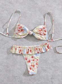 Swim Mod 花卉印花扭带抽绳比基尼套装，性感假日泳衣