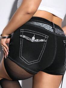 ROMWE Grunge Punk Y2K Rhinestone Decor Embroidered Wing Design Low Waist Shorts - Black - View 6