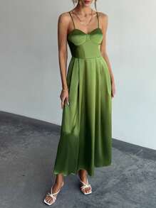 Firerie Spring/Summer New Arrival Elegant Woman's Green Stain Elegant V-Neck Waist Coat Details Long Dress, Sexy And Elegant Party Dress, Sisters Evening Dress, Ladies Long Dress Satin Women Outfit.