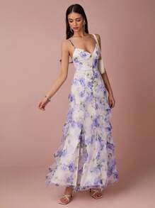 Enchnt Vestido deslizante elegante de gasa con estampado floral, patchwork y dobladillo con volantes para mujer