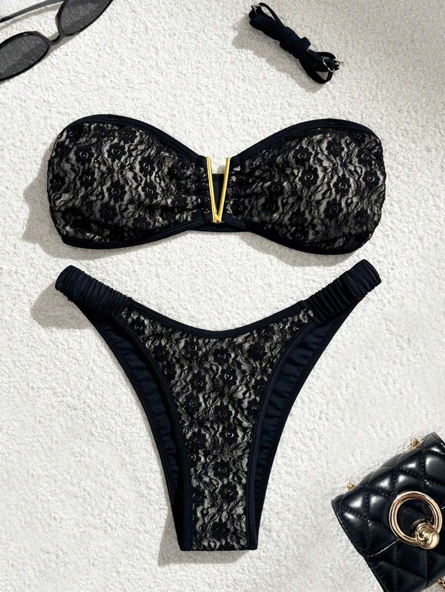 Swim Vcay 全新无肩带分体比基尼性感泳装女式黑色纯色蕾丝网眼性感度假沙滩泳衣