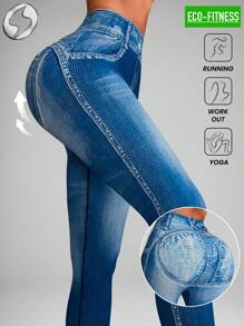 Innovista Leggings con efecto denim sin costuras, pantalón de gimnasio de control de abdomen, ropa deportiva que absorbe sudor y se ajusta elásticamente, tela transpirable de ajuste seco, Shapepelusas de entrenamiento, estiramiento a tope, de iones y comfortable, alta altura, teñido anudado, ombré, línea 3D, estampado de fitness impreso, azul, levantamiento de pesas y pesa, pesa física, entrenamiento de fuerza, fitness, yoga, ejercicio al aire libre, gimnasia, gimnasio, aerm, ejercicios de yoga y yoga para exteriores, equipo de gimnasia y entrenamiento físico, para principiantes, práctica de muñequera y fitness