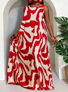 Slaydiva Sommer Neuankömmling Damen Große Größen Locker geschnittenes A-Linien Maxikleid, ärmelloses Casual Kleid aus weichem Stoff Einfarbig oder abstraktem geometrischen Streifenmuster, geeignet für Musikfestivals, Hochzeiten, Ostern, Western/Boho Stil, Geburtstag, Abschluss, Alltag, Urlaub, Kreuzfahrt, Strand - Rot - Übersicht 4