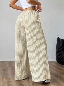 SHEIN PETITE CURVE 大码女式条纹系腰阔腿宽松休闲裤 - 米色 - 查看 2