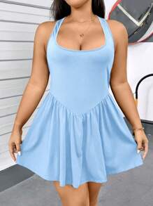 SHEIN Essnce 大码女式无袖高弹针织后背交叉性感吊带连衣裙裤裙裤瑜伽健身运动服、连体裤、裙裤 - 淺藍色 - 查看 4