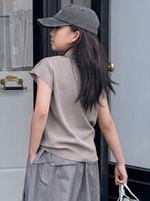 Dazy Kids Suéter polo de manga corta de unicolor para niñas preadolescentes, ropa de verano y regreso a clases - Gris - Ver 3