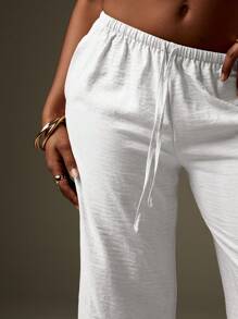 MISSGUIDED Wide Leg Linen Feel Beach Resort Drawstring Pants Lounge Palazzo Vacation Summer Trousers Casual Comfort Elastic Waist