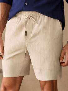 HIMLAND 男士休闲梭织面料中腰抽绳直筒短裤，适合日常穿着 - 杏色 - 查看 5
