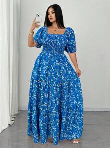 SHEIN Clasi 大码女式节日荷叶边袖优雅碎花短款连衣裙 - 藍色 - 查看 4