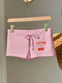 Comfortcana 轻盈粉色樱桃图案抽绳腰部修身短裤，夏季 - 粉色 - 查看 3