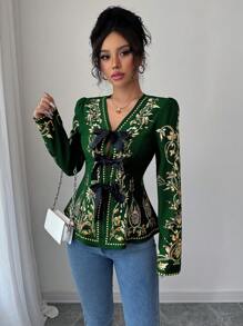 Chiquease 女士花卉印花前系带优雅长袖衬衫，度假/度假装 - 墨綠色 - 查看 5