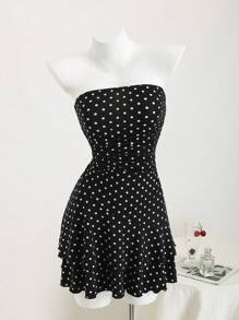 Elamini Black & White Polka Dot Backless Ruched Double Ruffle Hem Mini Dress, Elegant For Commute, Vacation, Beach, Sweet & Cute For Daily Wear, Dating, Versatile For Women In Summer - Black - View 3