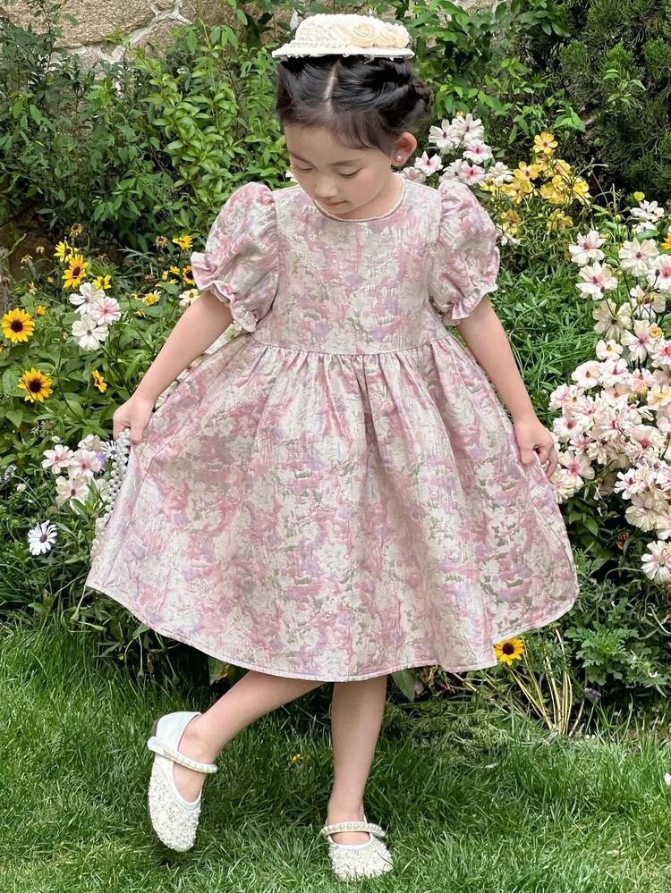 Young Girl Cute Round Neck Short Sleeve Elegant Party Dress, Summer
