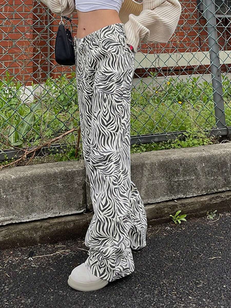 DAZY Women Zebra Print Casual Straight Leg Pants - Black and White - View 1