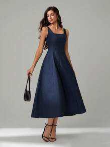 SHEIN Tall 女式仿牛仔修身款露背无袖麻花针织毛衣裙 - 藍色 - 查看 6