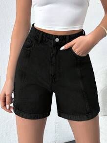 EURMUSE Slant Pocket Fold Up Front Opening Denim Shorts - Black - View 3