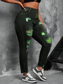 SHEIN SXY Quần legging bó lưới rách nhiều màu co giãn cạp cao cỡ lớn gợi cảm - màu đen - Xem 4