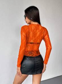 SHEIN PETITE Women Sheer Long Sleeve Tops, Solid Color, Fashionable For Summer Fall Cloth For Women - Orange - View 2