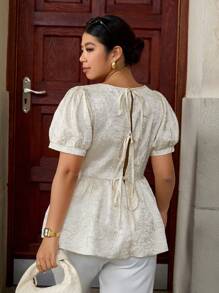 SHEIN LUNE Áo len cardigan dệt kim tay ngắn cổ nhún bóng cỡ lớn cho nữ - Rượu sâm banh - Xem 1