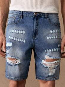 Manfinity NXTstreet 男士破洞牛仔短裤，及膝阔腿休闲七分牛仔裤 - 藍色 - 查看 5