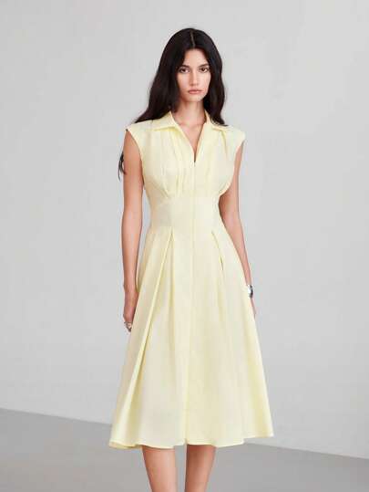 LYSMO Vestido casual con cremallera frontal sin mangas amarillo para mujer