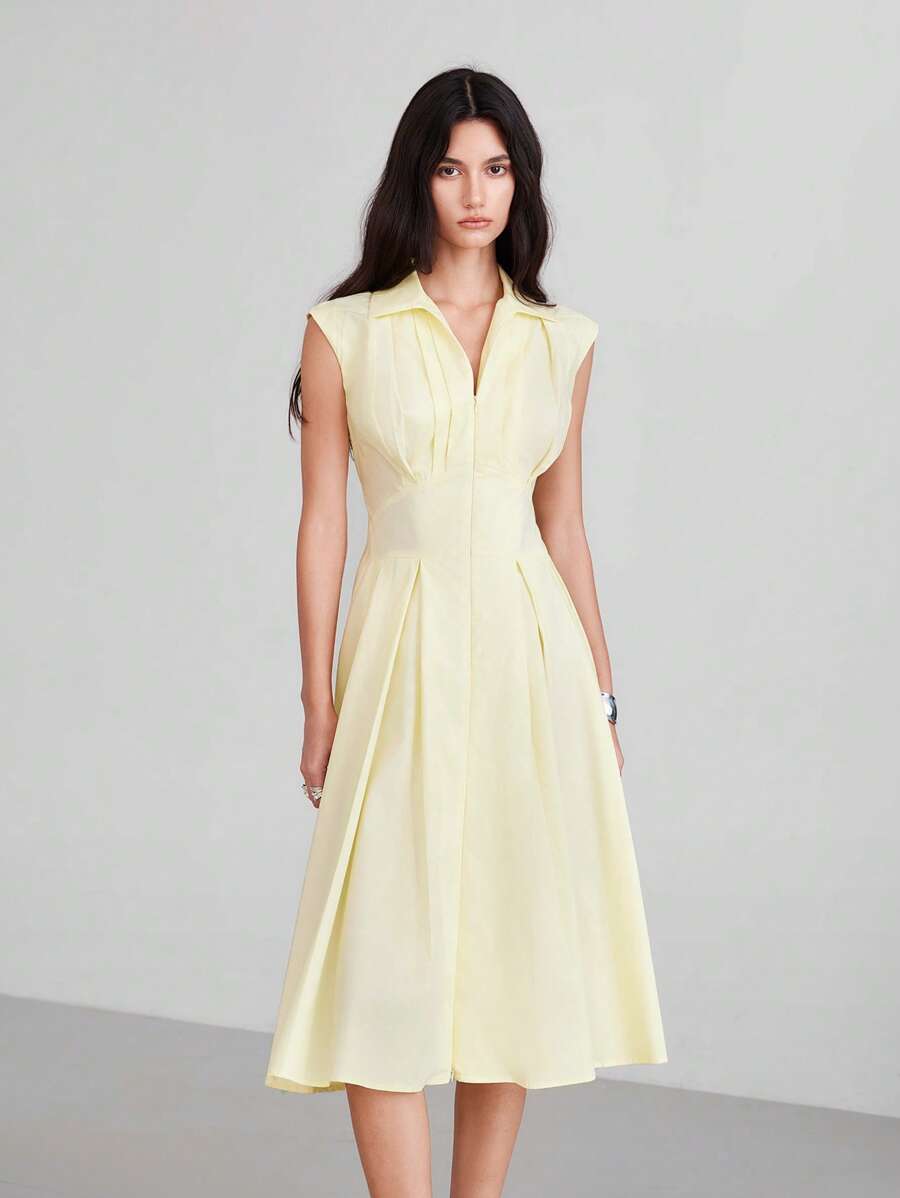 LYSMO Yellow Sleeveless Zip Front Casual Dress For Women - Yellow - View 1