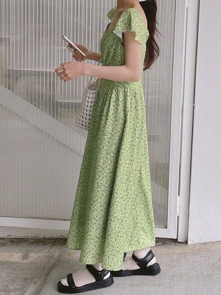 Ditsy Floral Chiffon Dress, Women Elegant Long Dress,Teacher Outfits Boho