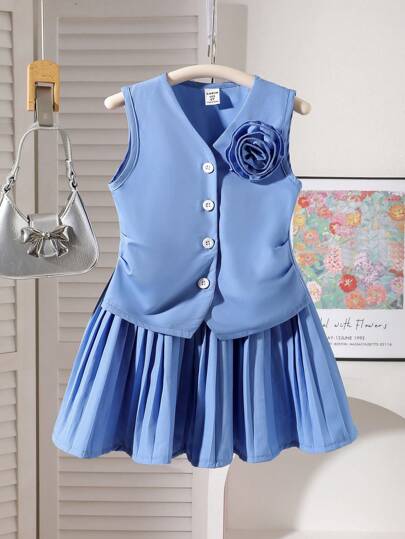 SHEIN 2 szt. Dziewczęcy (S) Elegancki modny zestaw bezrękawnik i spódnica plisowana, dekoracja róży 3D, na imprezę i dojazdy do pracy