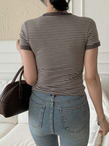 DAZY 女士夏季休闲条纹短袖修身T恤
