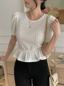 DAZY Women's Waist-Cinching Chic Blouse, Round Neck Short Puff Sleeve French Style Casual T-Shirt, Summer