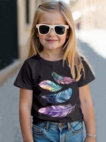 Girl's Casual Minimalist Pattern Round Neck Short Sleeve T-Shirt, Suitable For Summer - Black - View 1