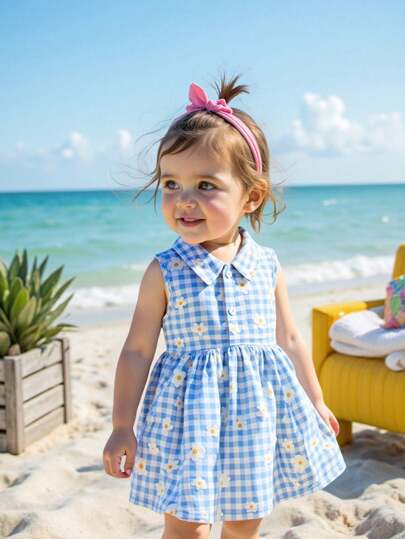 SHEIN Playful Pals Baby Girl Cute Sleeveless Plaid Polo Collar Dress, Lightweight And Sweet, Suitable For Shopping And Outing In Summer